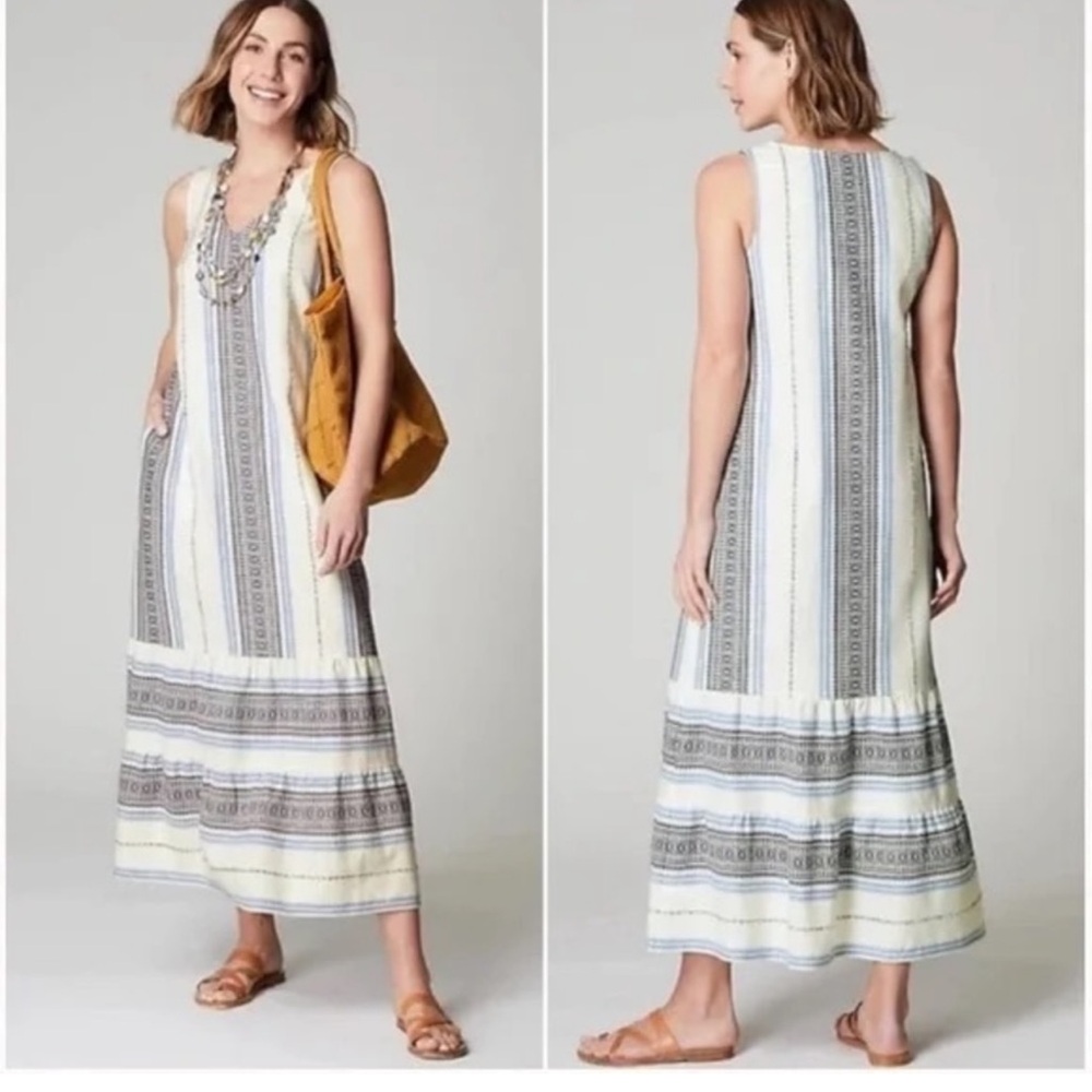 J. Jill Cream Blue Stripe Sleeveless Maxi Dress Jacquard Woven Ruffle